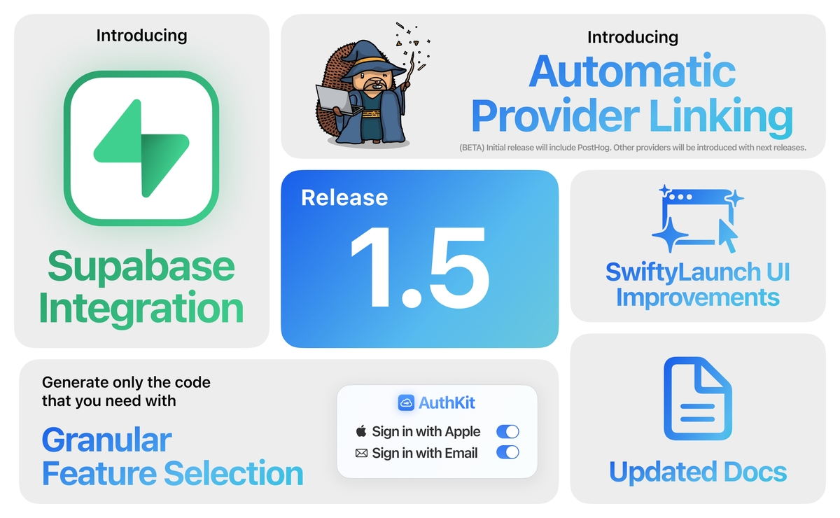 Read what's coming to you in SwiftyLaunch 1.5: Supabase Integration Preview, Granular Feature Selection, Automatic Provider Linking, bug fixes and more.