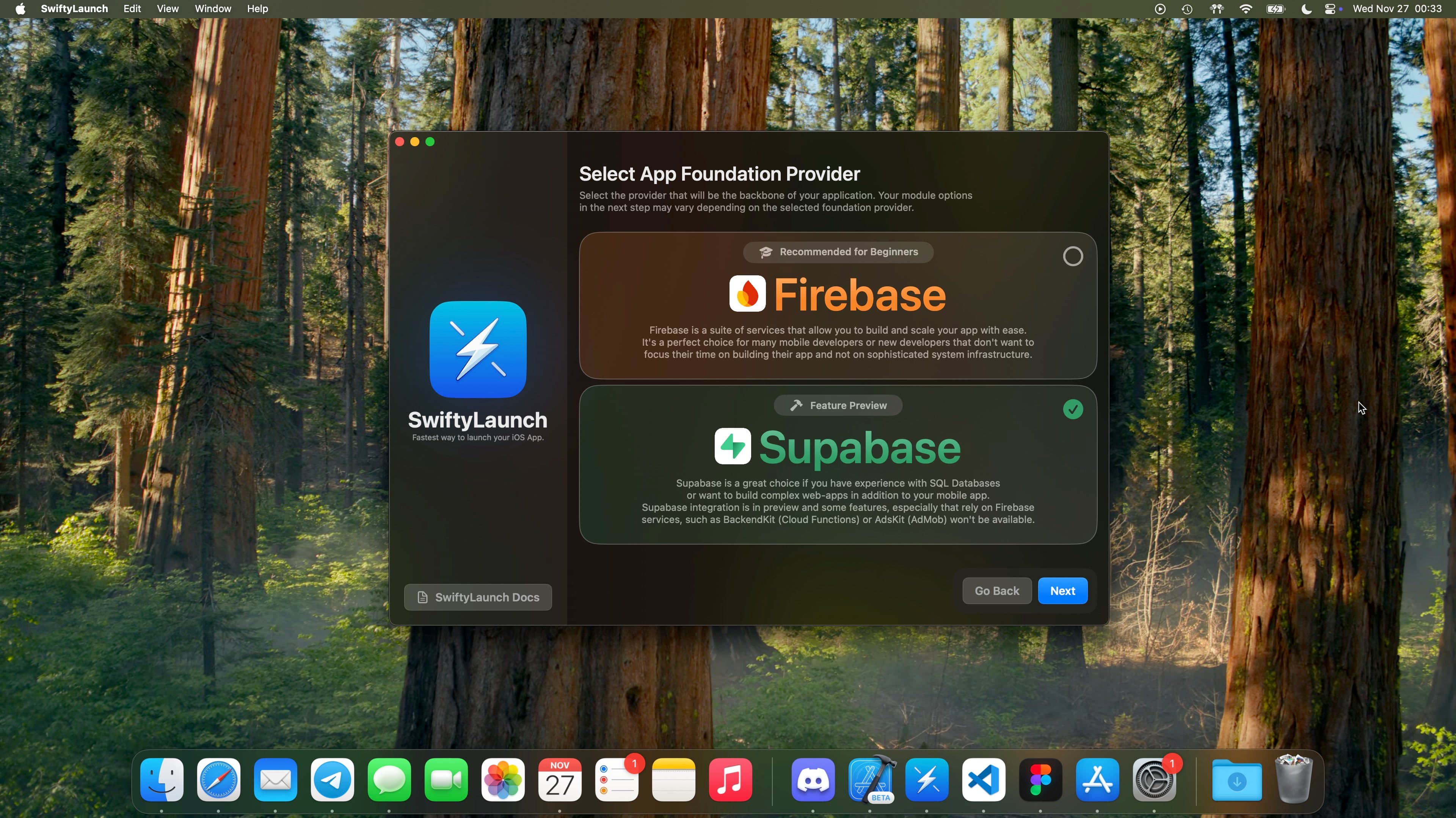 SwiftyLaunch UI showing Firebase and Supabase as foundation provider options