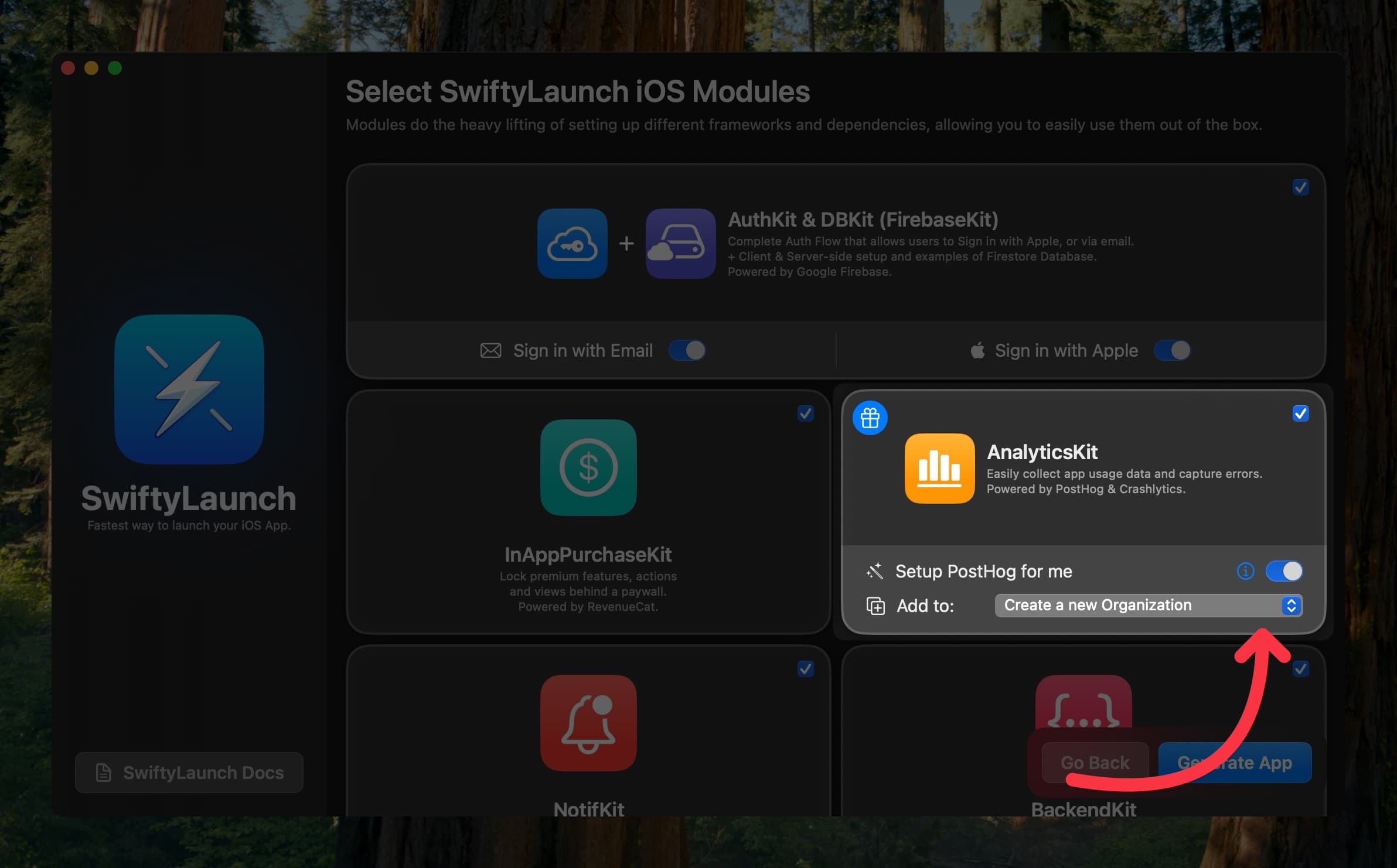 SwiftyLaunch UI showing entered modules selection screen with the option 'Setup PostHog for me' turned on